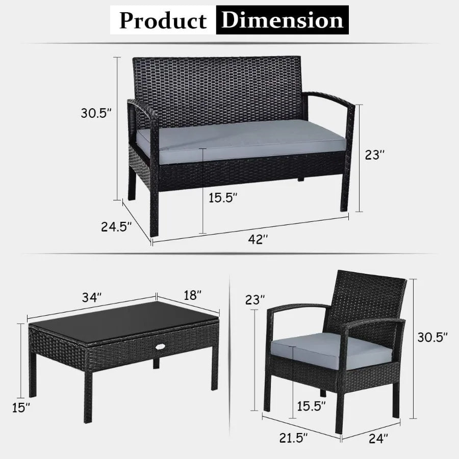 4 Piece Patio Rattan Furniture Set for Outdoor