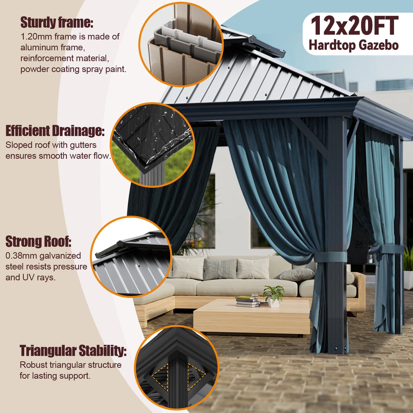 12x20ft Gazebo Pavilion With Metal Double Roof