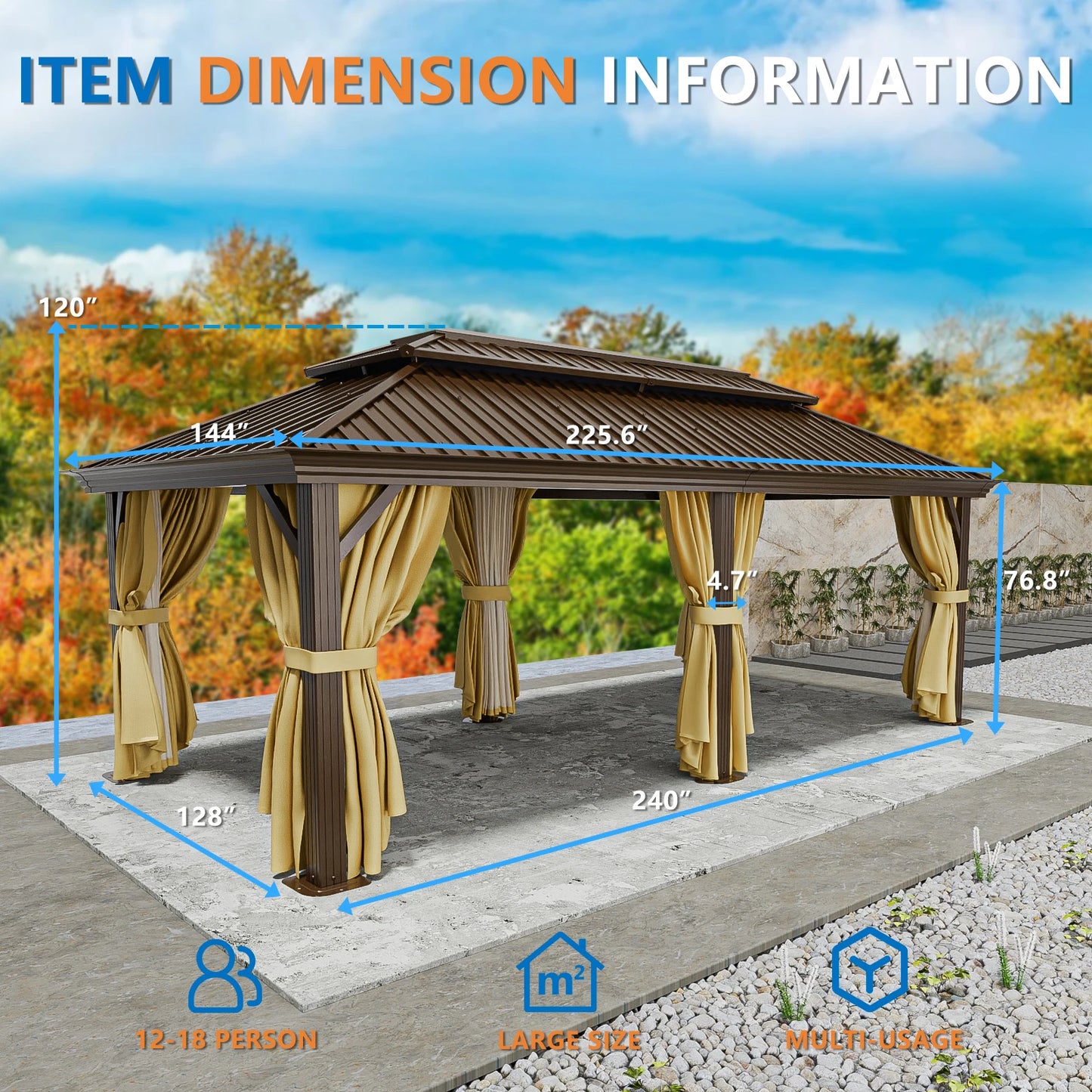12x20ft Gazebo Pavilion With Metal Double Roof