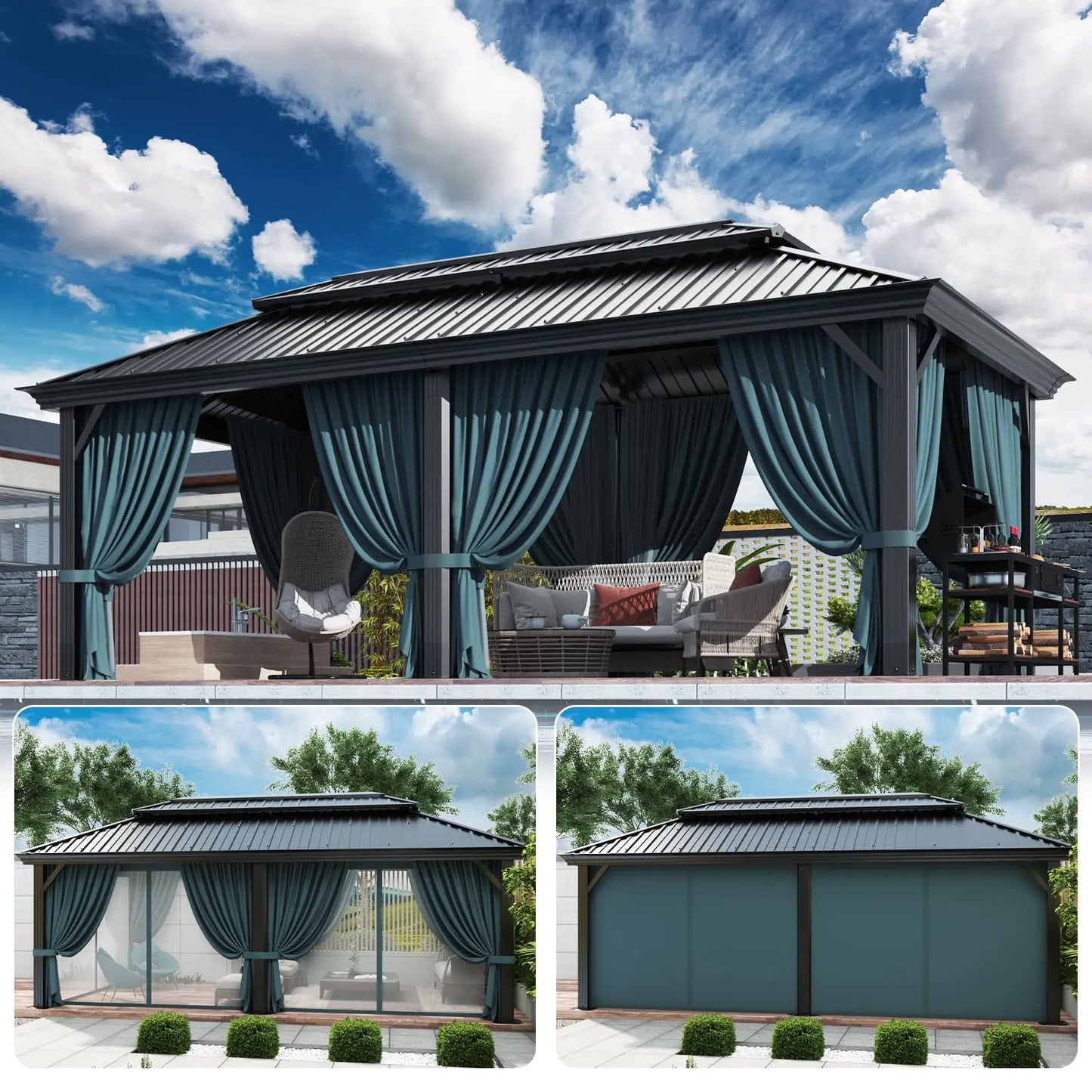 12x20ft Gazebo Pavilion With Metal Double Roof