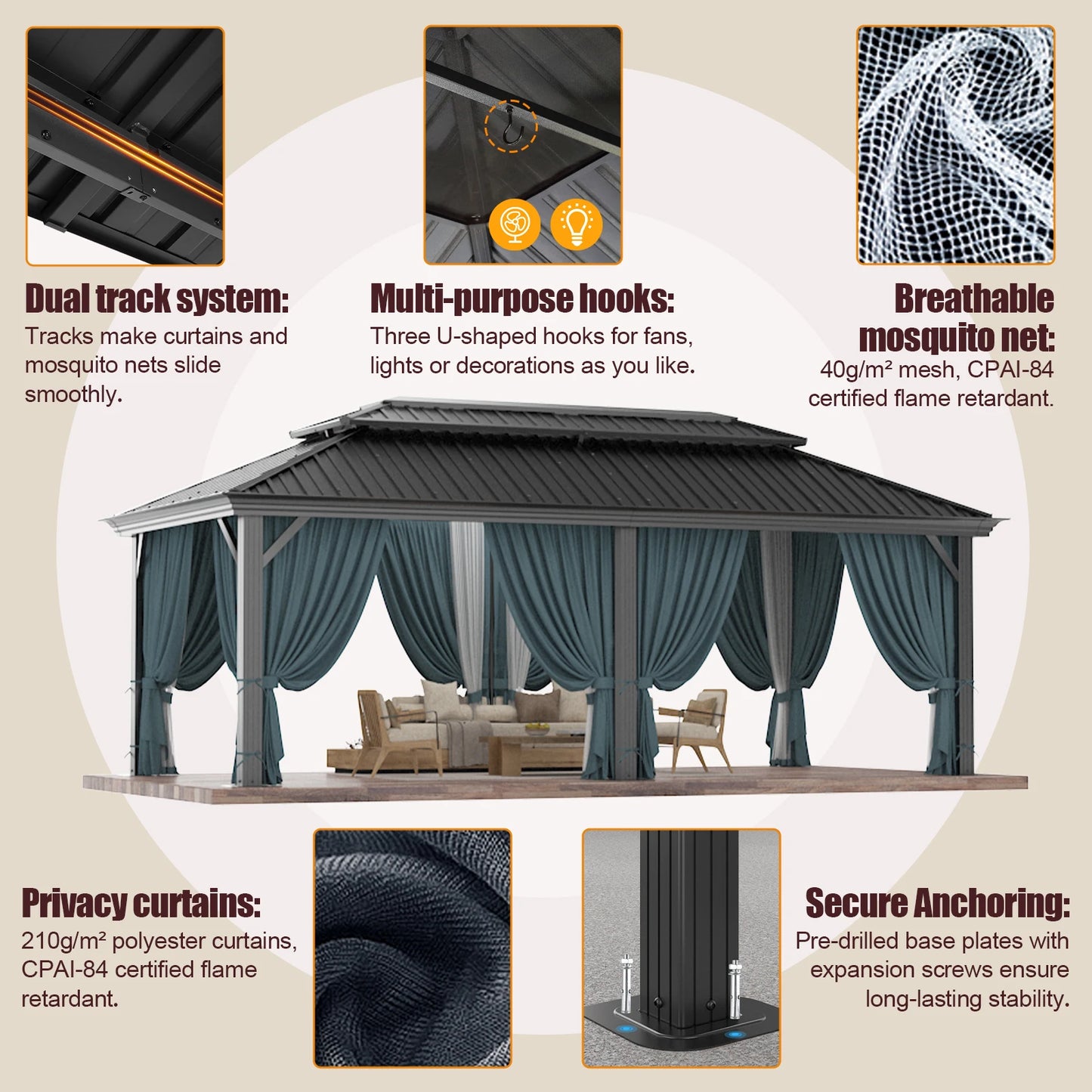 12x20ft Gazebo Pavilion With Metal Double Roof