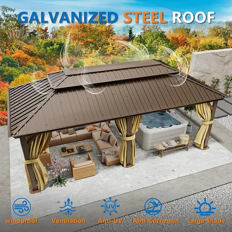12x20ft Gazebo Pavilion With Metal Double Roof