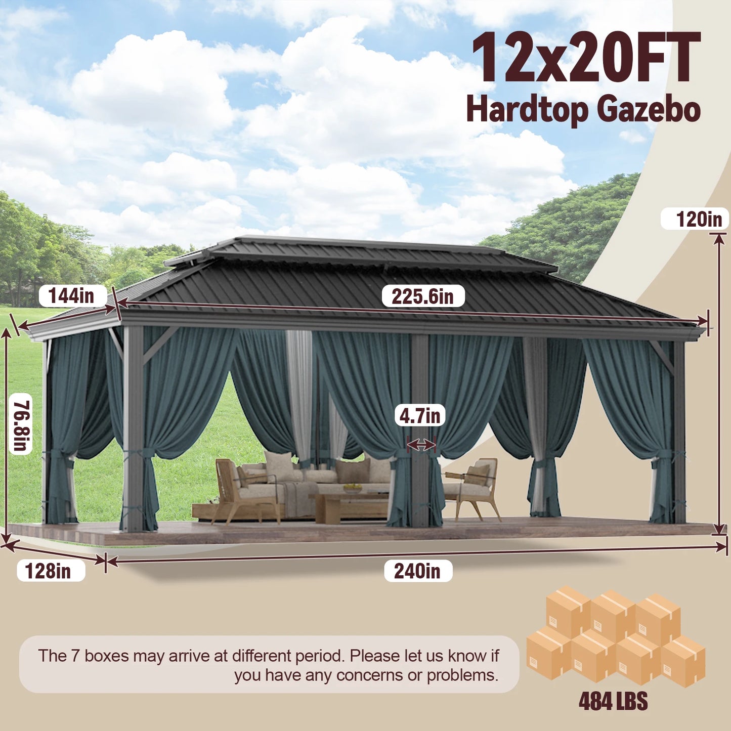 12x20ft Gazebo Pavilion With Metal Double Roof