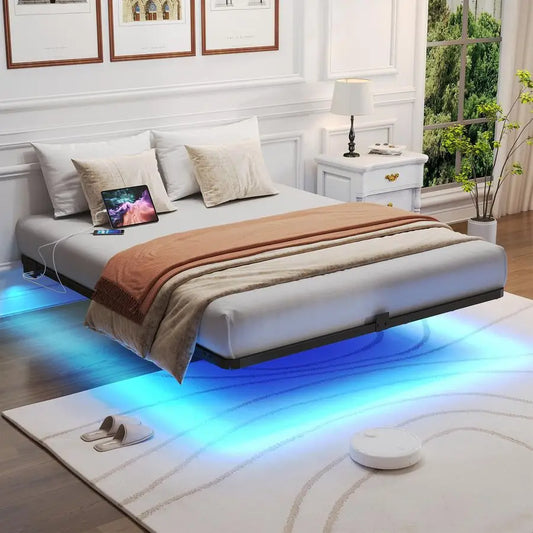 Size Floating Bed Frame with LED Lights