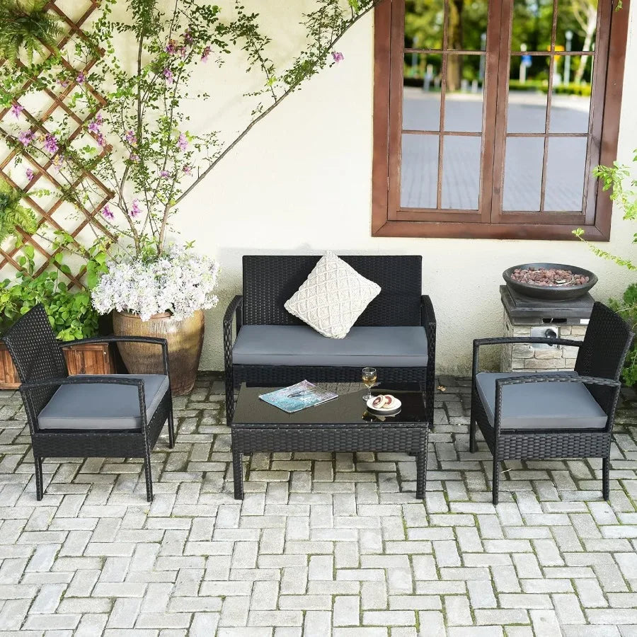 4 Piece Patio Rattan Furniture Set for Outdoor