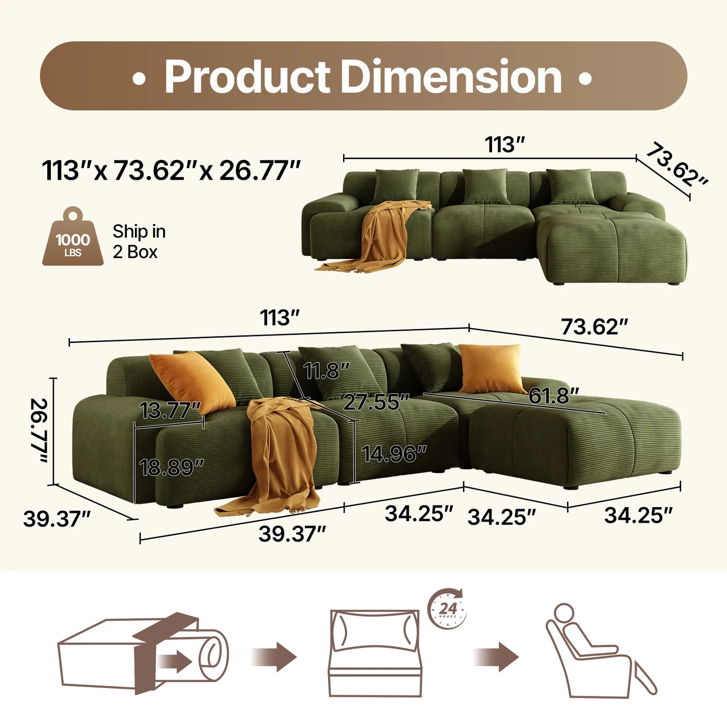 113" Modern L-Shaped Modular Sectional Sofa