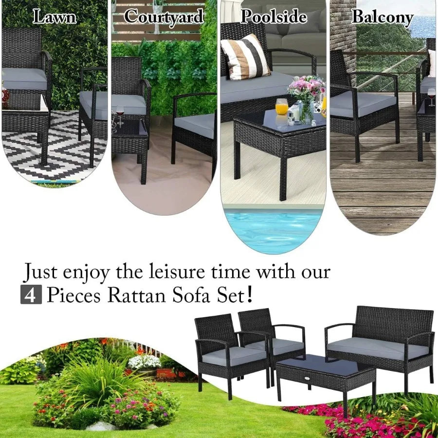 4 Piece Patio Rattan Furniture Set for Outdoor
