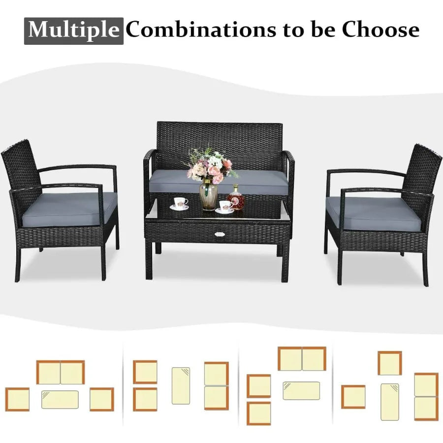 4 Piece Patio Rattan Furniture Set for Outdoor