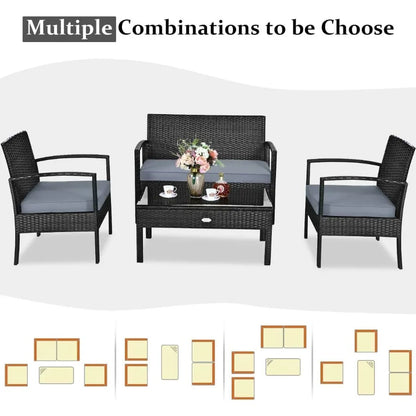 4 Piece Patio Rattan Furniture Set for Outdoor