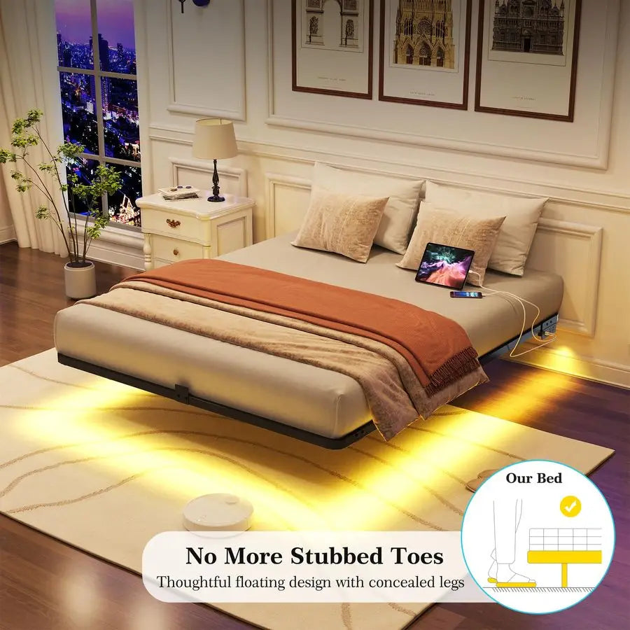 Size Floating Bed Frame with LED Lights
