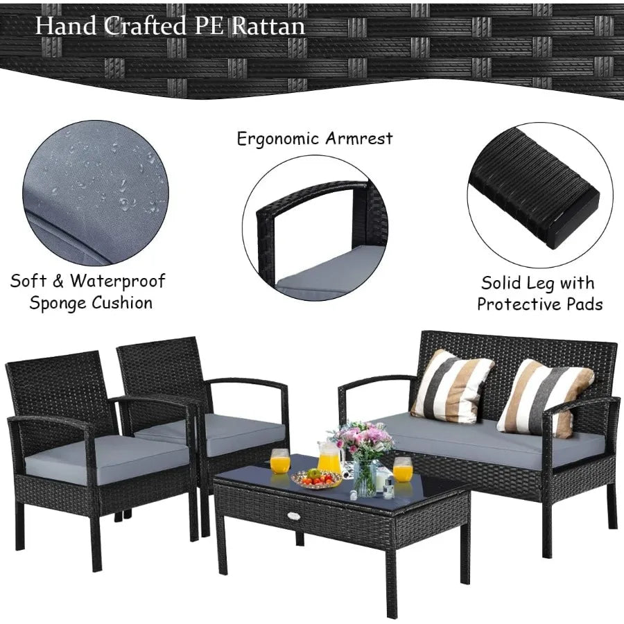 4 Piece Patio Rattan Furniture Set for Outdoor