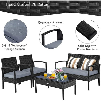 4 Piece Patio Rattan Furniture Set for Outdoor
