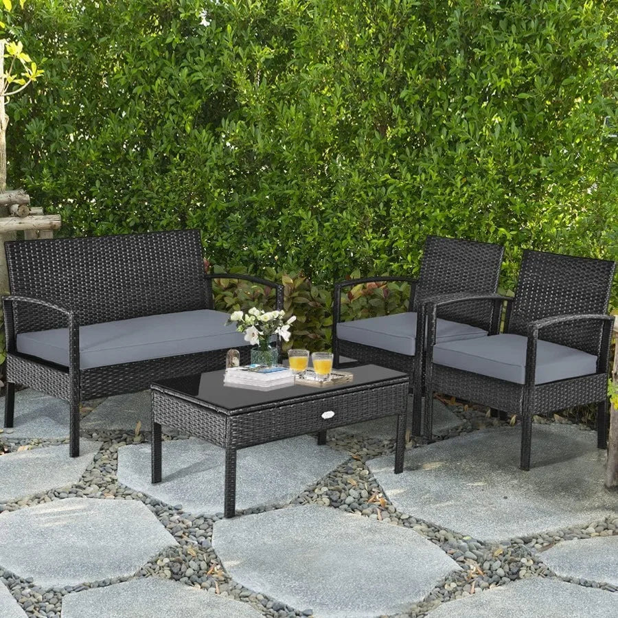 4 Piece Patio Rattan Furniture Set for Outdoor